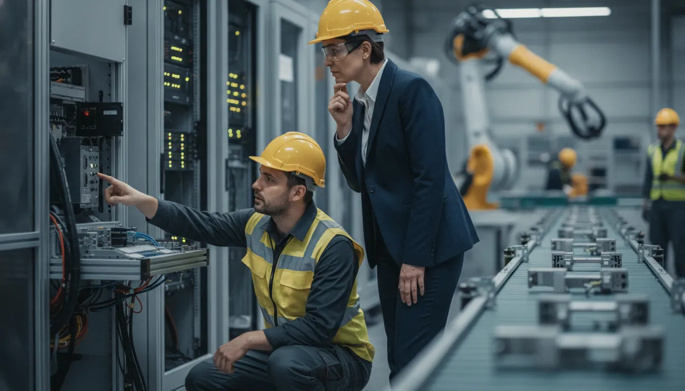 Technician and operations leader reviewing equipment in a manufacturing facility