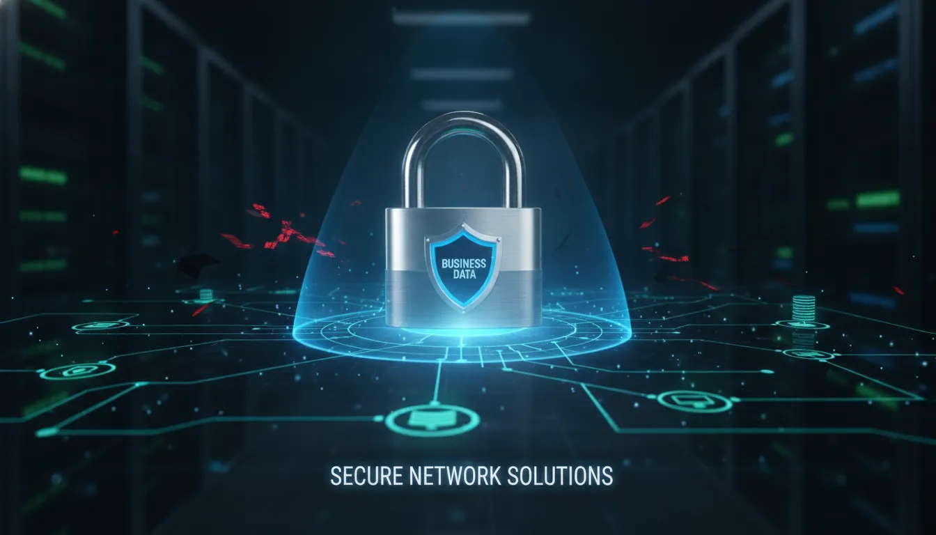 Cybersecurity lock icon over a network diagram representing business data protection