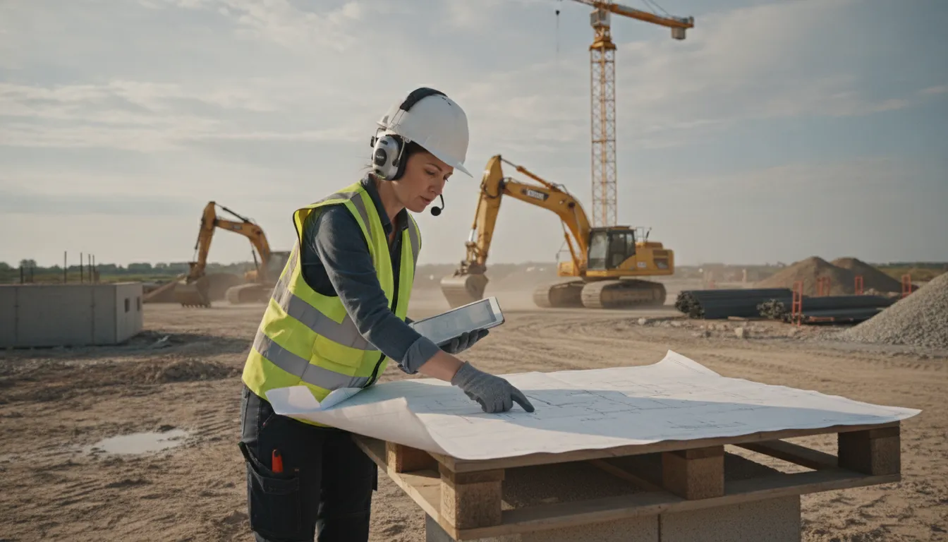 Construction project manager using a rugged VoIP headset at a job site in Georgetown reviewing blueprints