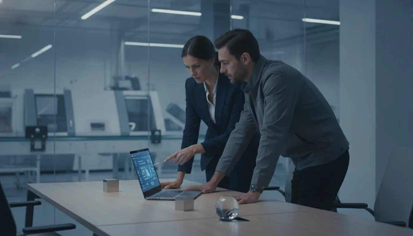 Operations manager reviewing secure cloud access for a manufacturing team
