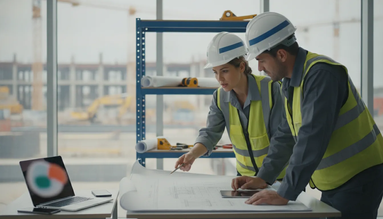 Construction and engineering team coordinating email security across project locations