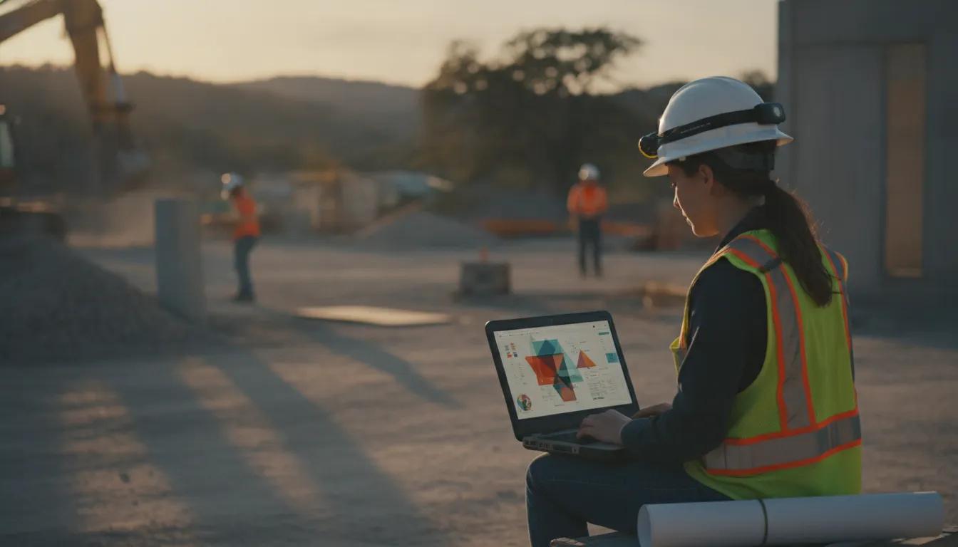 Engineer reviewing project data on a laptop at a construction job site