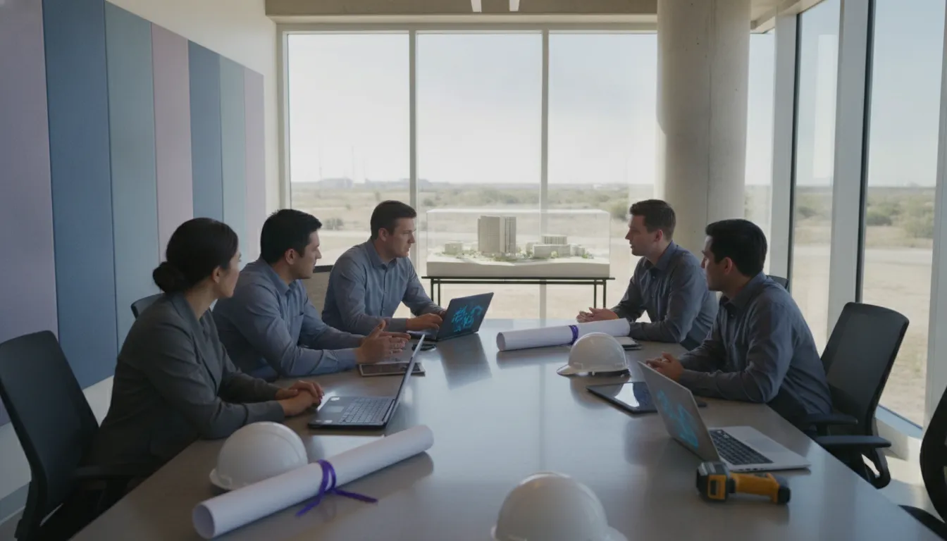 Construction and engineering teams coordinating project work between a field site and office