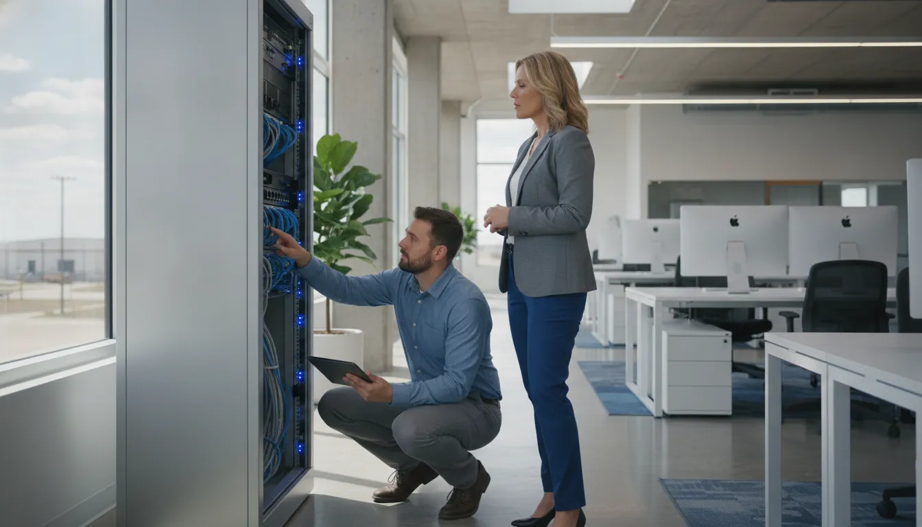IT consultant reviewing network equipment with a Central Texas business leader