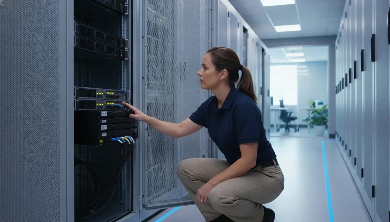 IT technician verifying data restoration on server hardware in a clean modern data center