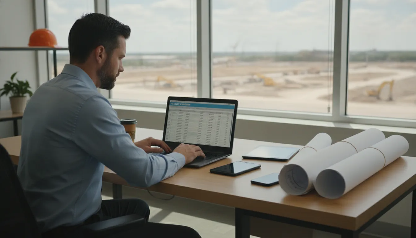 Construction operations manager and IT consultant reviewing an IT budget planning worksheet