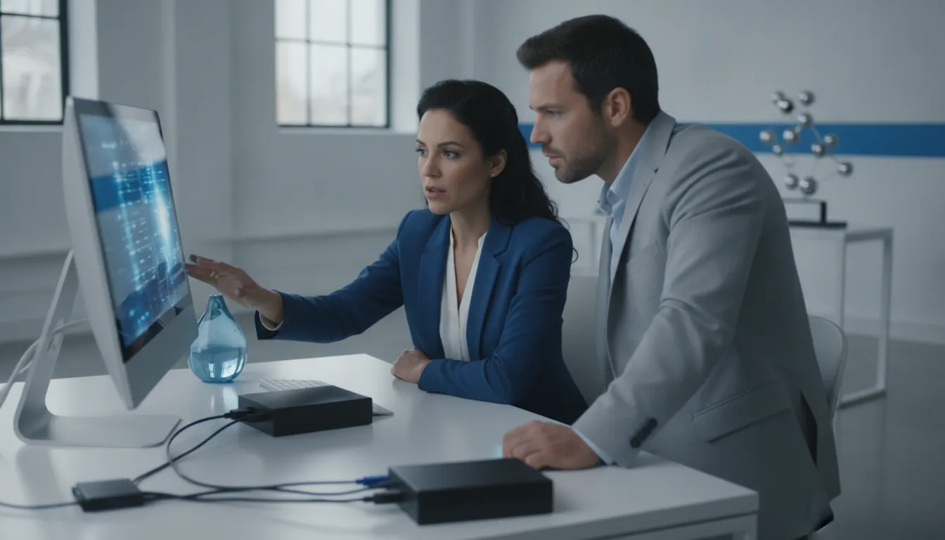 IT security specialist reviewing cloud access settings with a small business owner in a modern office