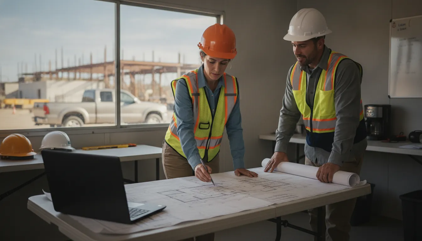 Construction and engineering team coordinating cloud project work at a jobsite