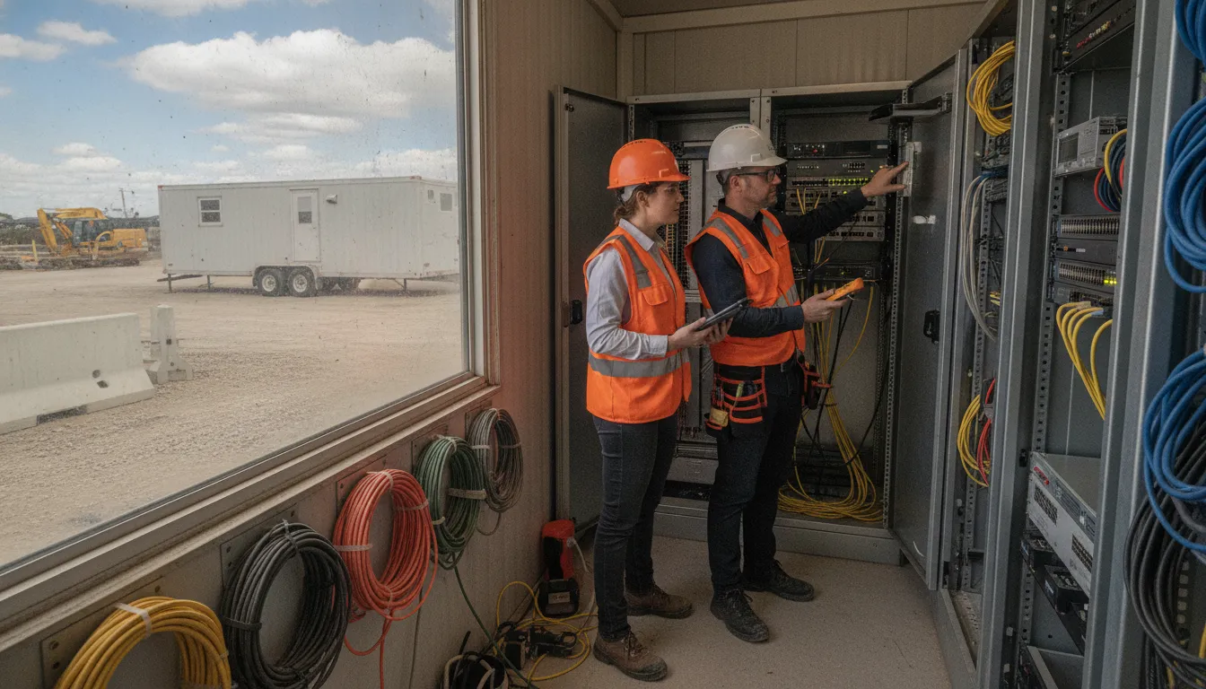 Construction jobsite IT equipment check Construction project manager and IT technician reviewing network equipment on a jobsite with trailer office in background