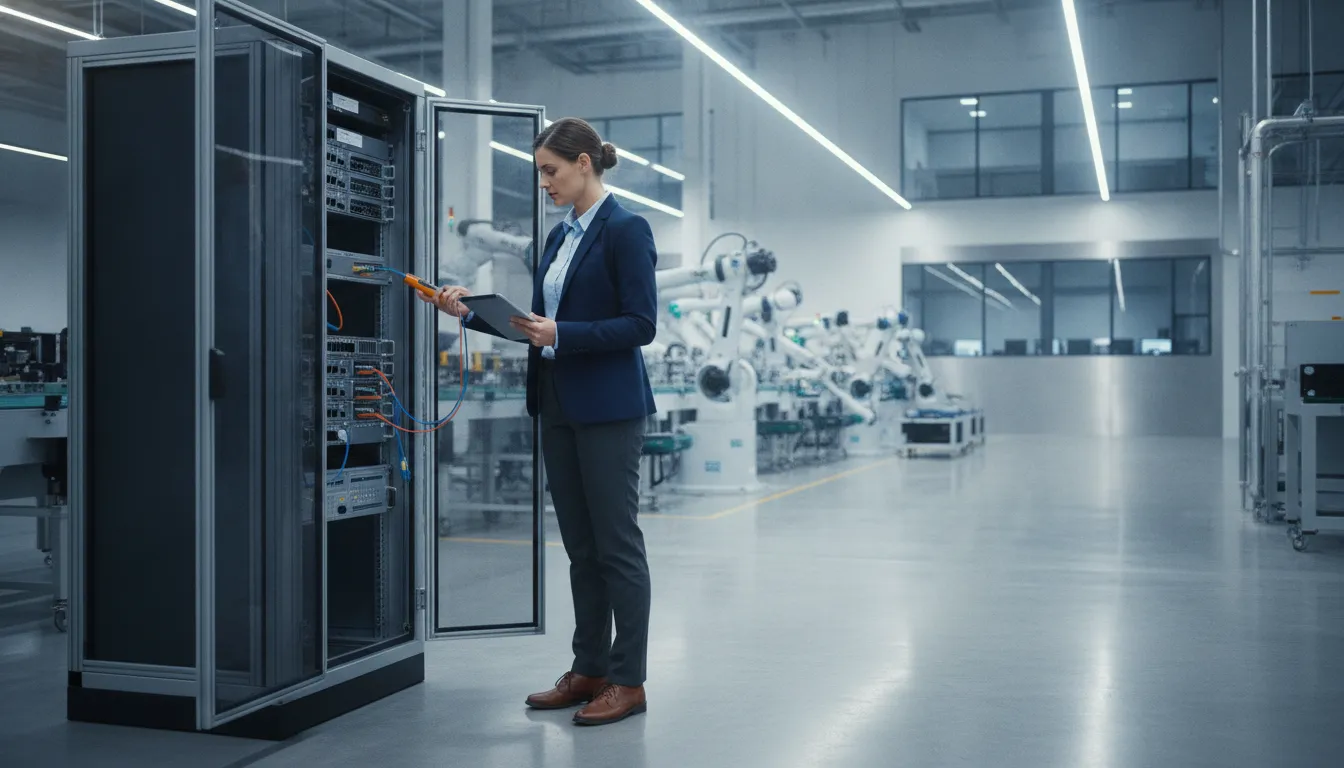 Cybersecurity technician monitoring network equipment on a factory floor