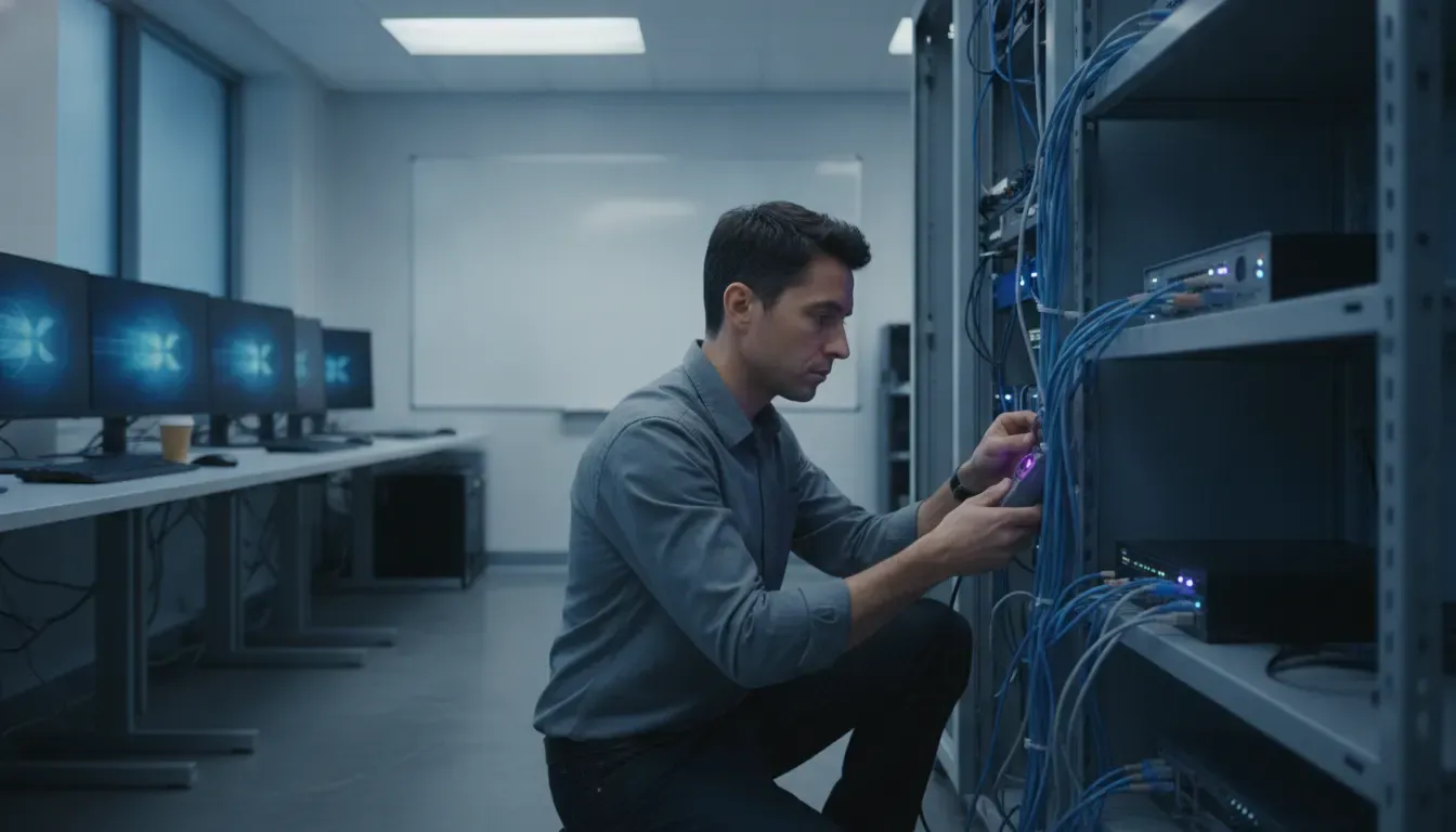 Technician checking endpoint and network controls for multi-location cybersecurity best practices