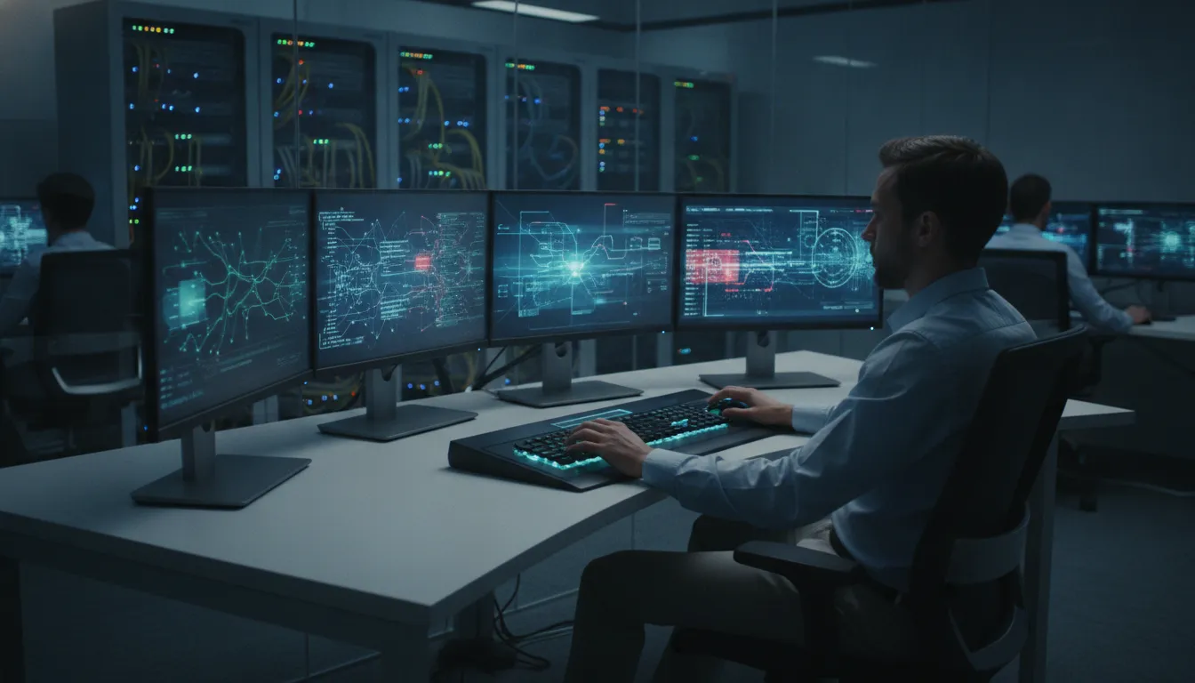 IT security analyst monitoring threat detection dashboards in a modern cybersecurity operations center