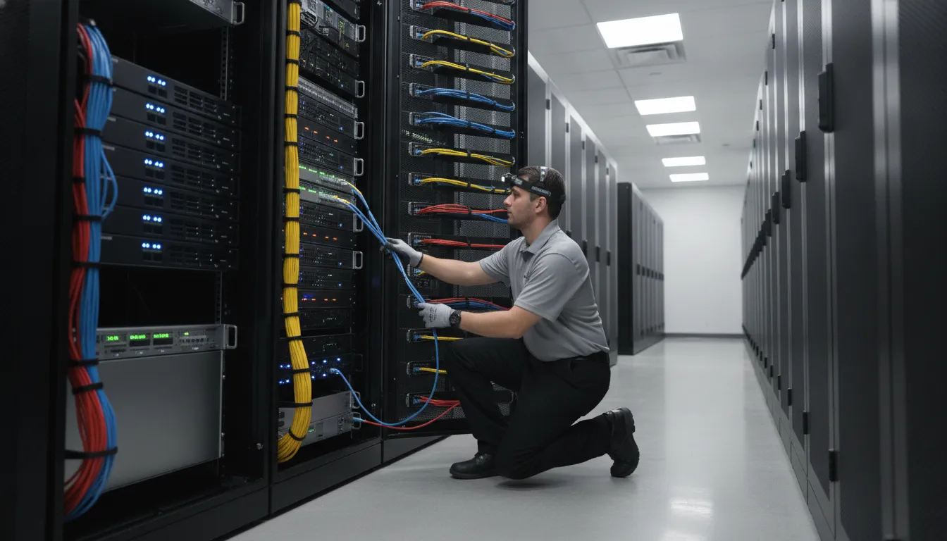 IT technician working on a server rack in a professional data center environment in Georgetown Texas