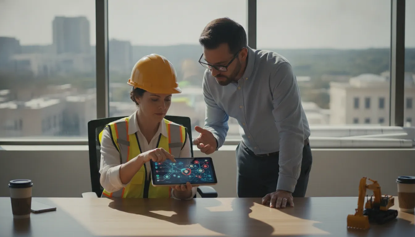 Construction company manager and IT professional reviewing cybersecurity settings in a Central Texas office
