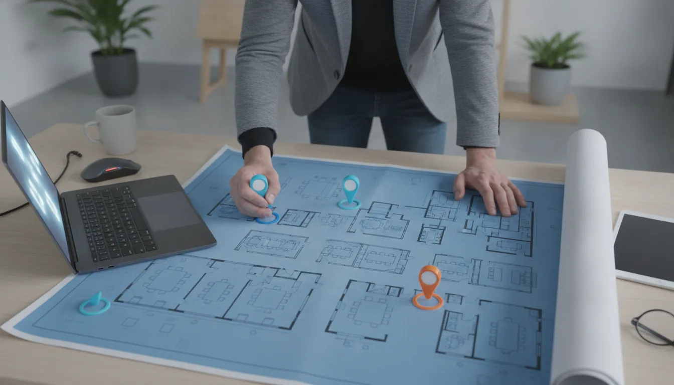 IT professional reviewing an office network and access point layout plan