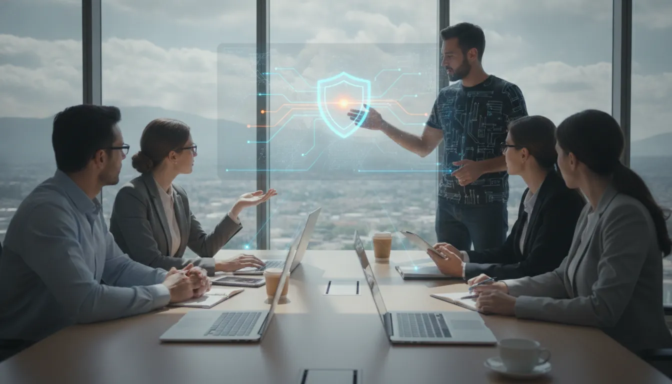 Small business leaders reviewing IT security policy safeguards with an IT specialist