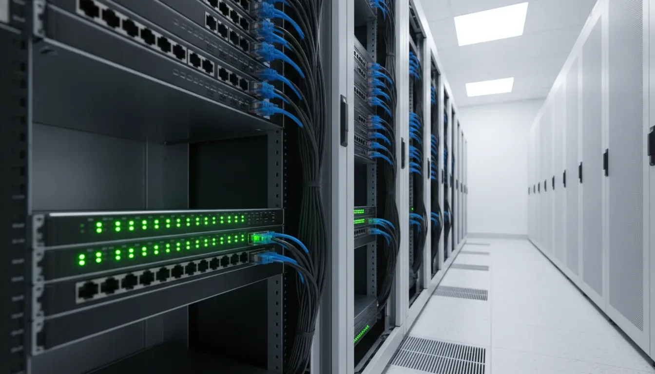 Tidy server racks and network switches in a modern IT infrastructure audit