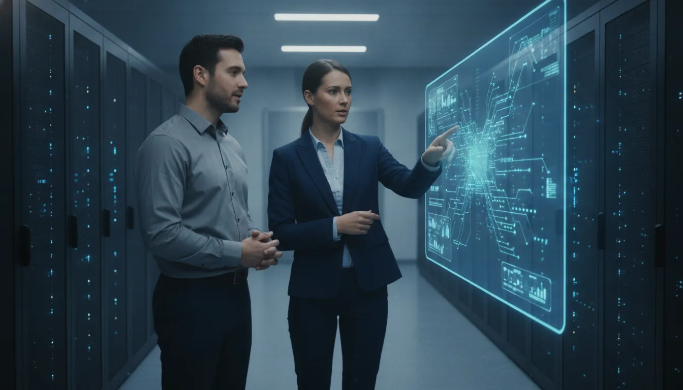 IT professional monitoring a cloud backup for business service and recovery readiness in a modern server room