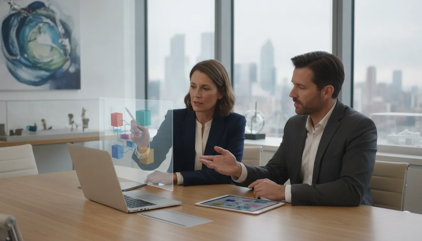 Operations director and IT consultant reviewing a cloud cost model in a bright office