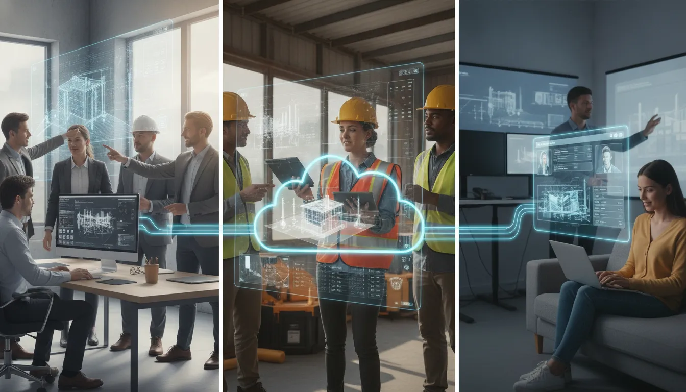 Distributed engineering team accessing shared project files across office and jobsite locations