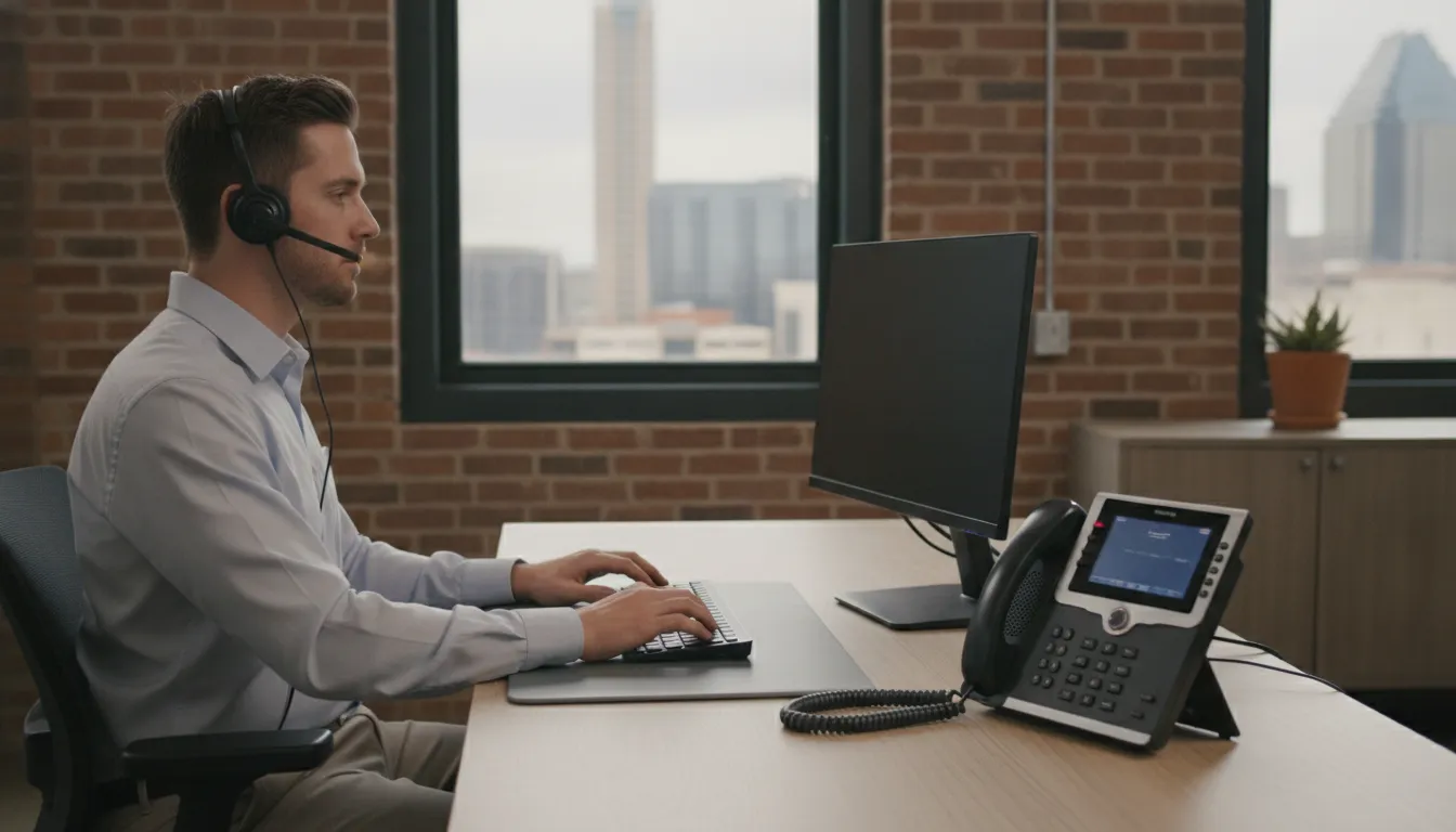 Business professional using modern VoIP desk phone in Austin office