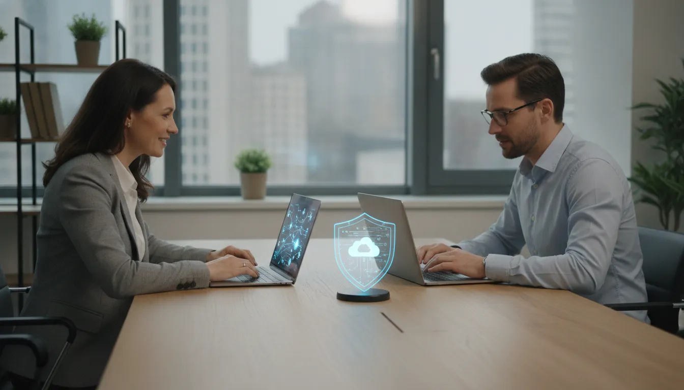 Business owner discussing a cloud backup for business plan with an IT consultant