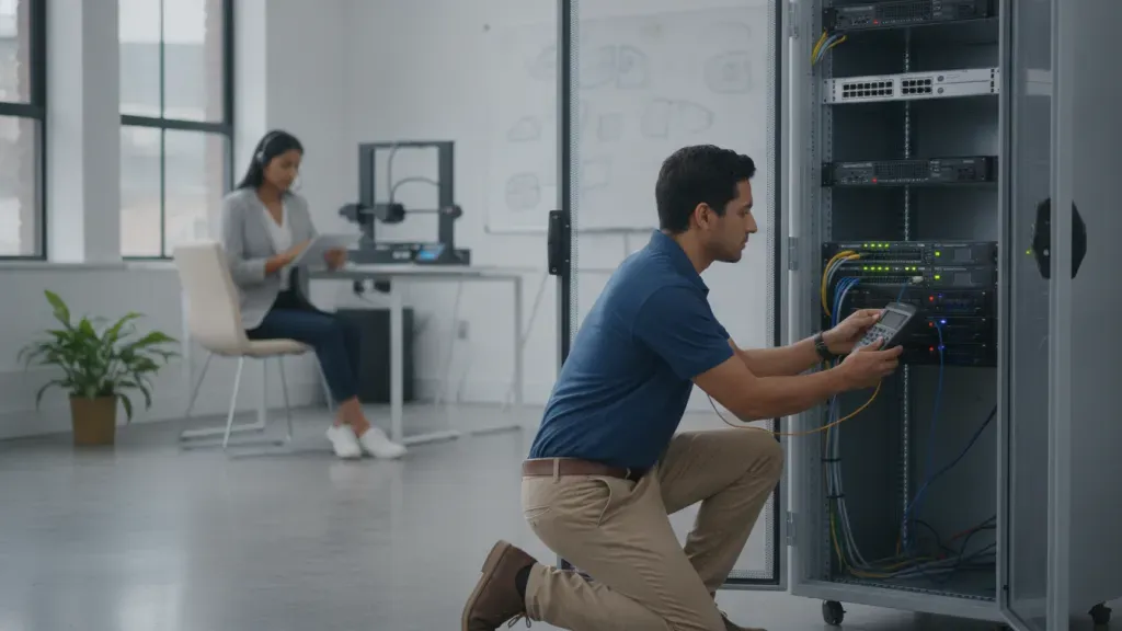 IT technician performing on-site network troubleshooting for a small business