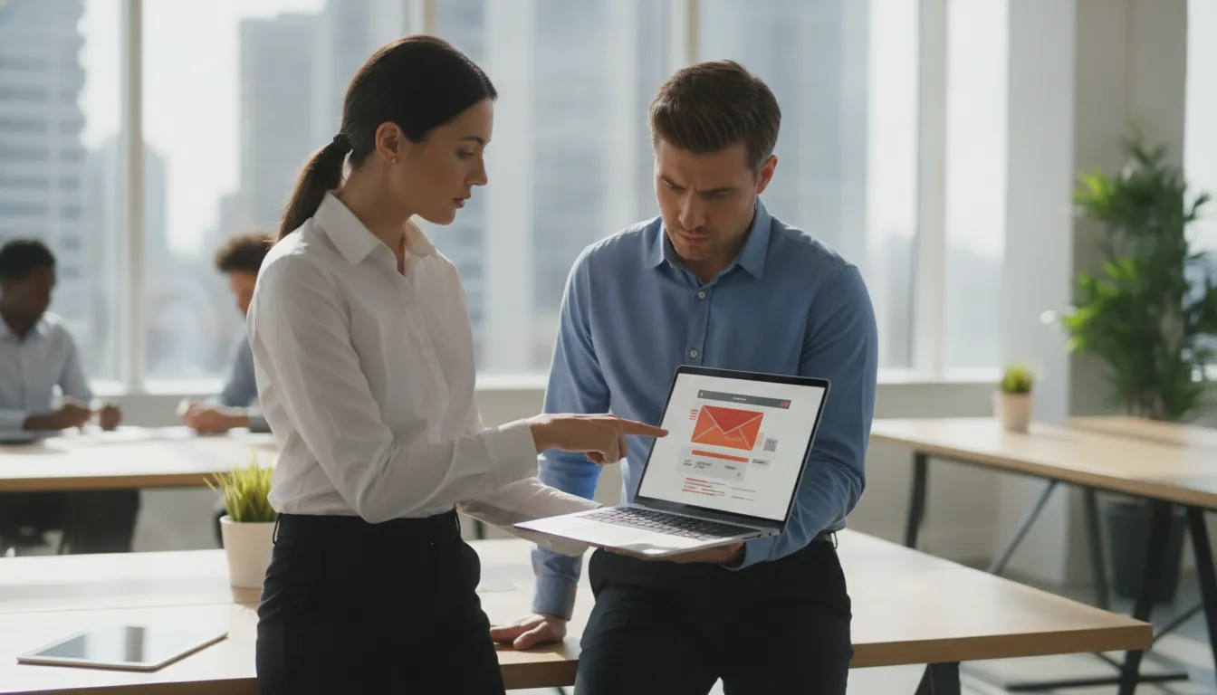 An IT expert guiding an office employee on how to spot phishing cues on a laptop screen