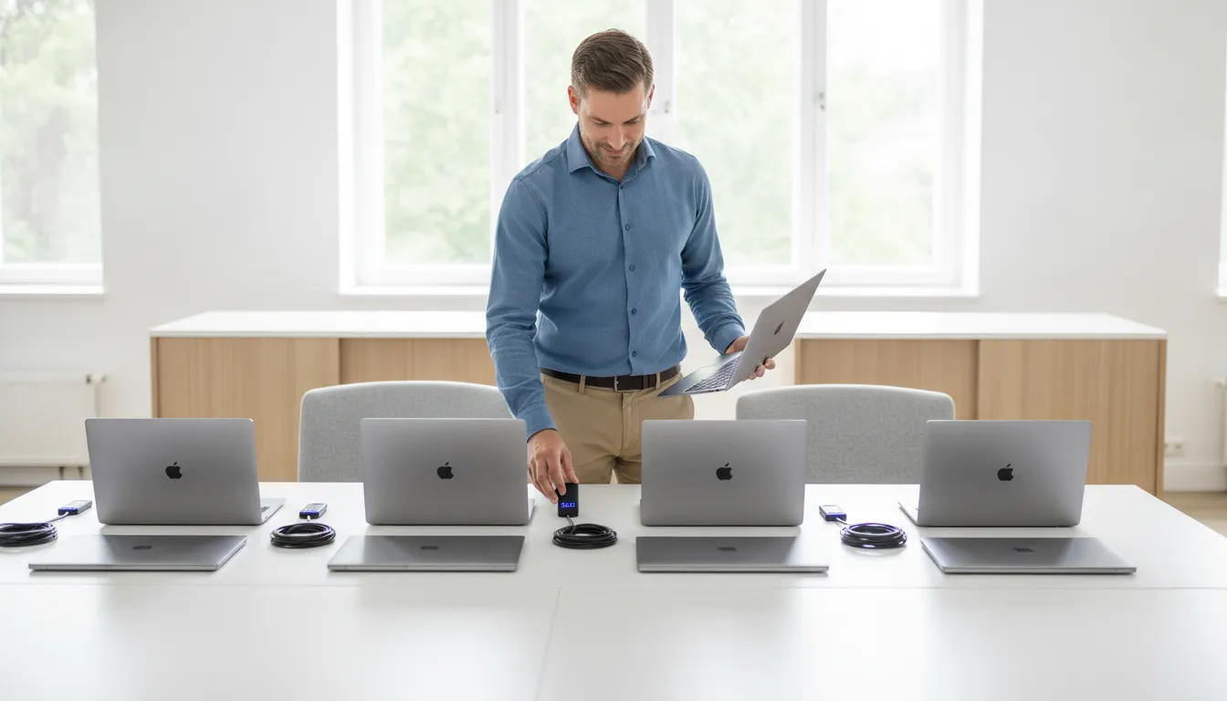 IT administrator preparing laptops for employee onboarding and offboarding