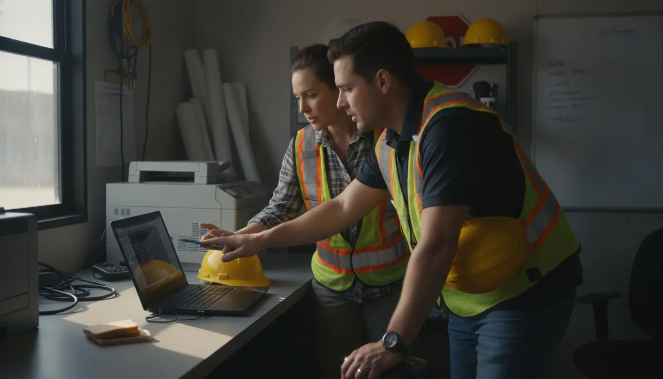 Construction operations manager and IT specialist reviewing vendor cyber risk controls