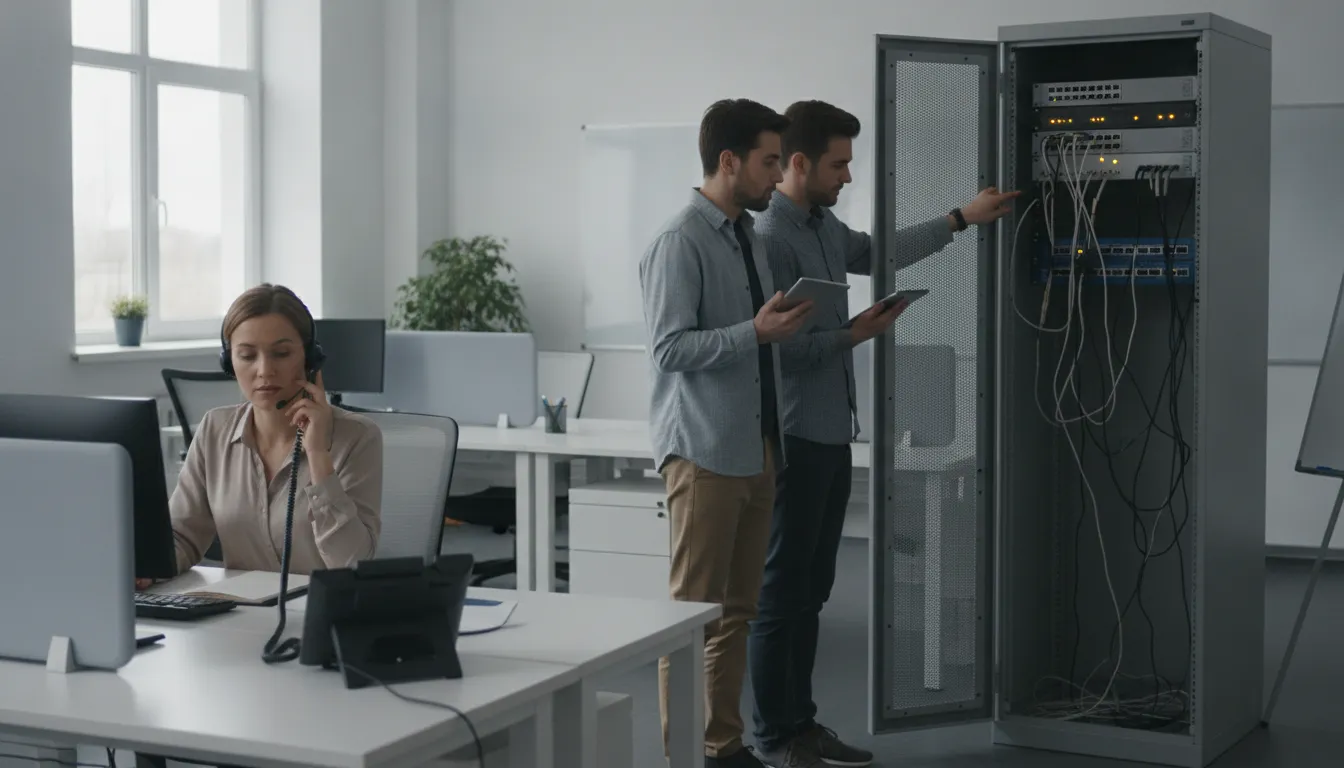 Small business team conducting a controlled VoIP disaster recovery plan test