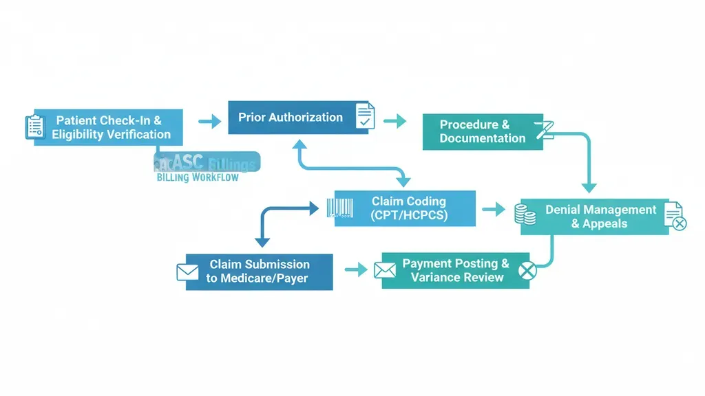 ASC billing workflow diagram showing claim submission steps from eligibility verification to denial management