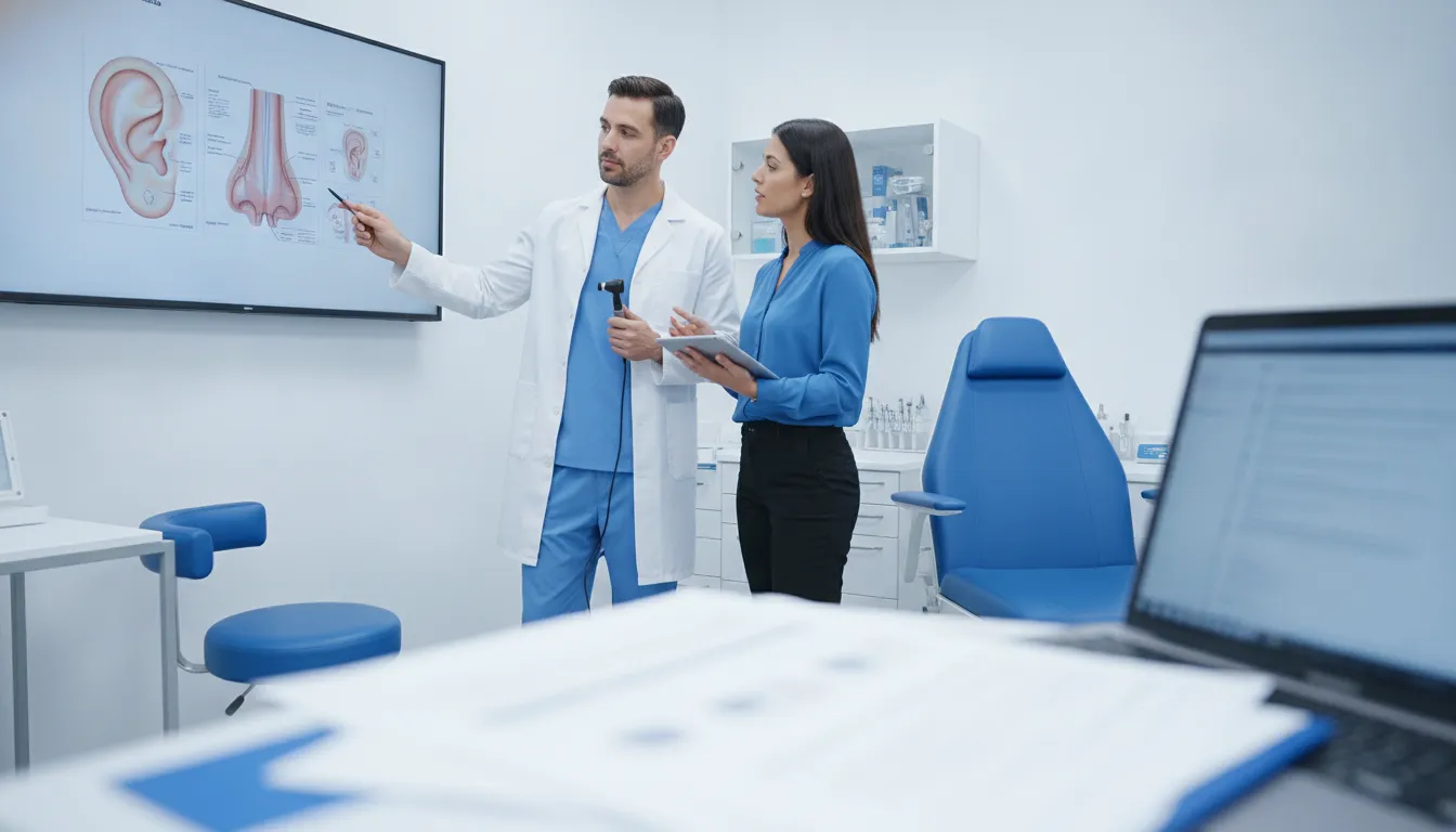 ENT medical billing specialist collaborating with an otolaryngology physician