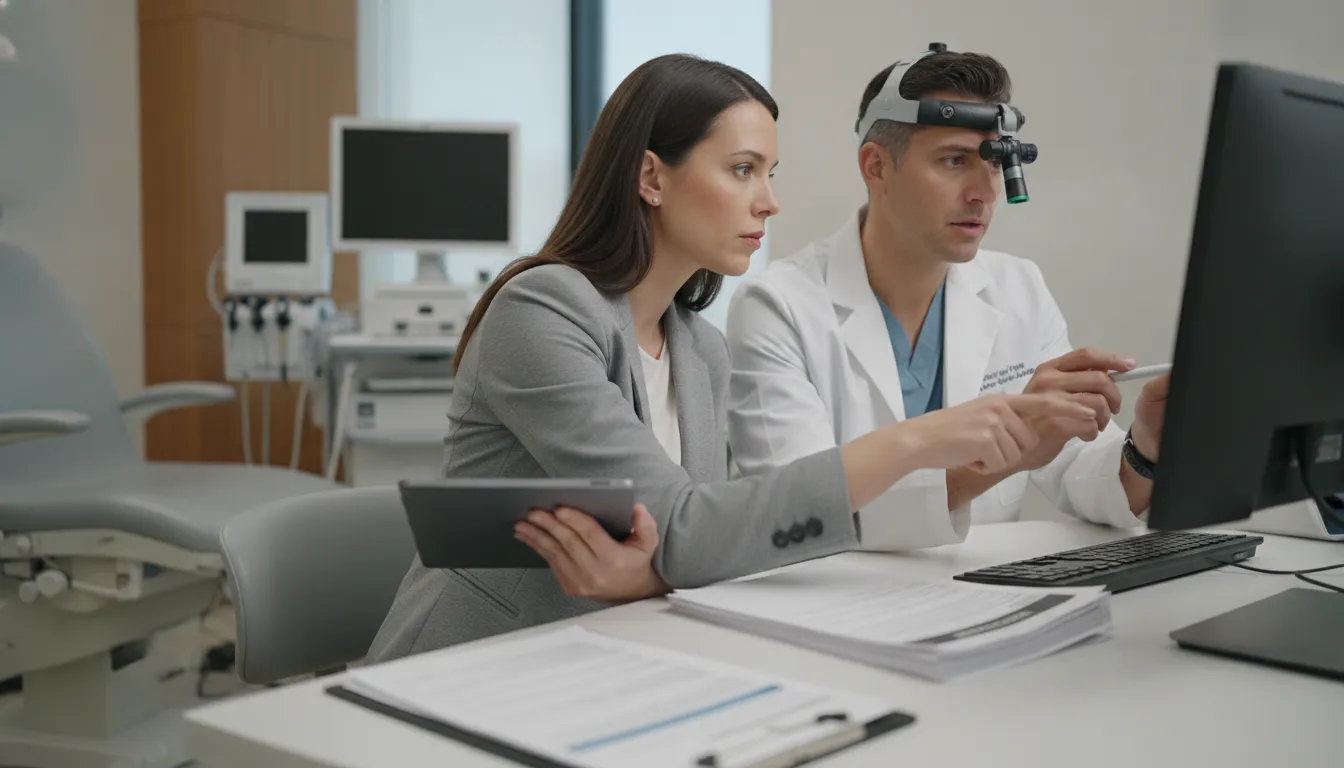 ENT medical billing specialist collaborating with an otolaryngology physician