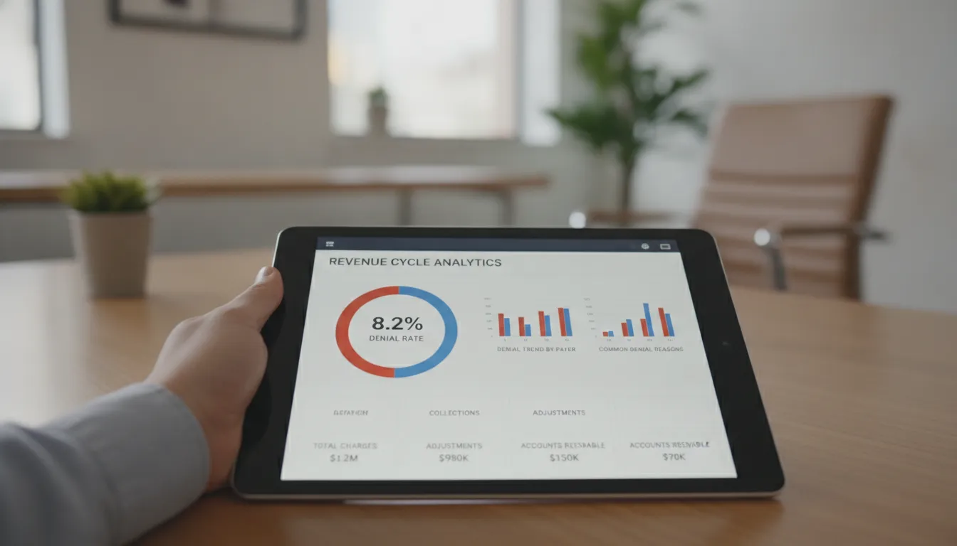 Medical billing dashboard showing revenue cycle analytics with denial rate charts and financial metrics on a tablet screen