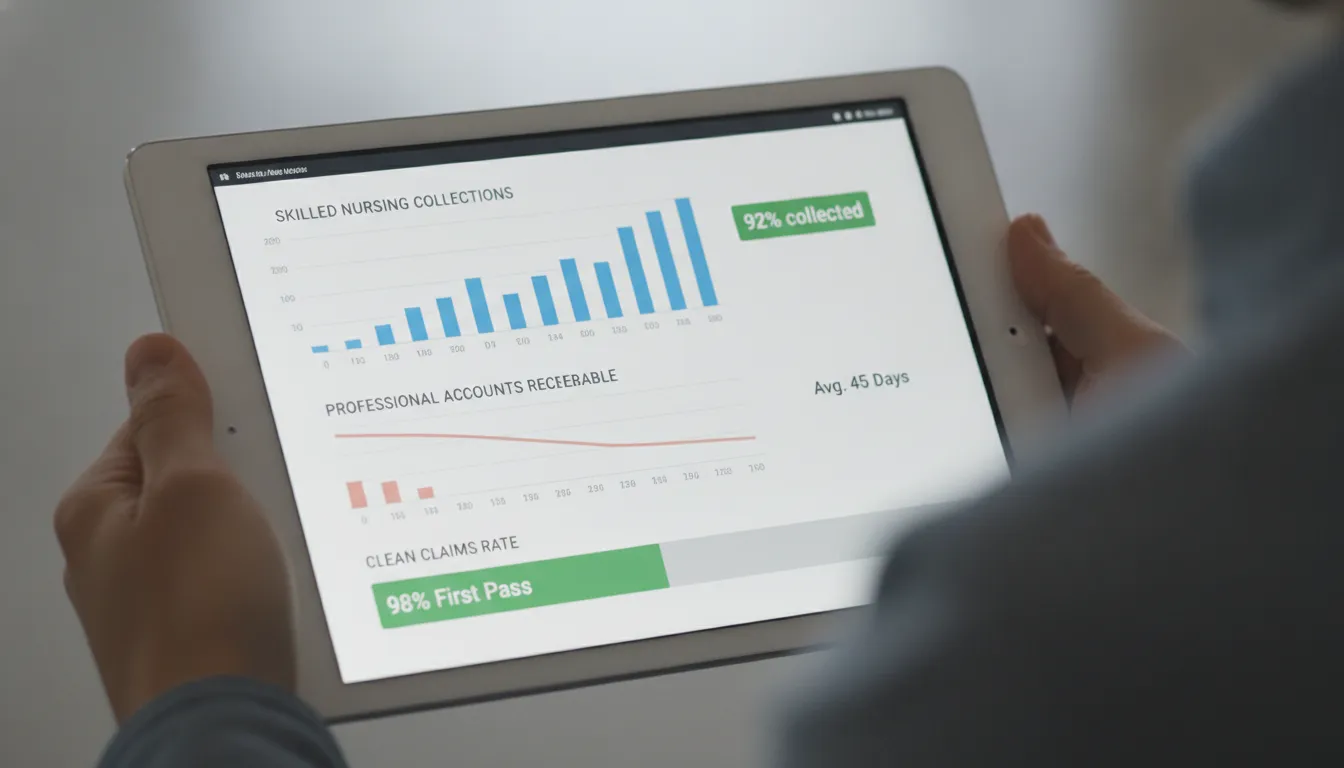 Digital medical billing dashboard showing skilled nursing facility financial collections and A/R graphs