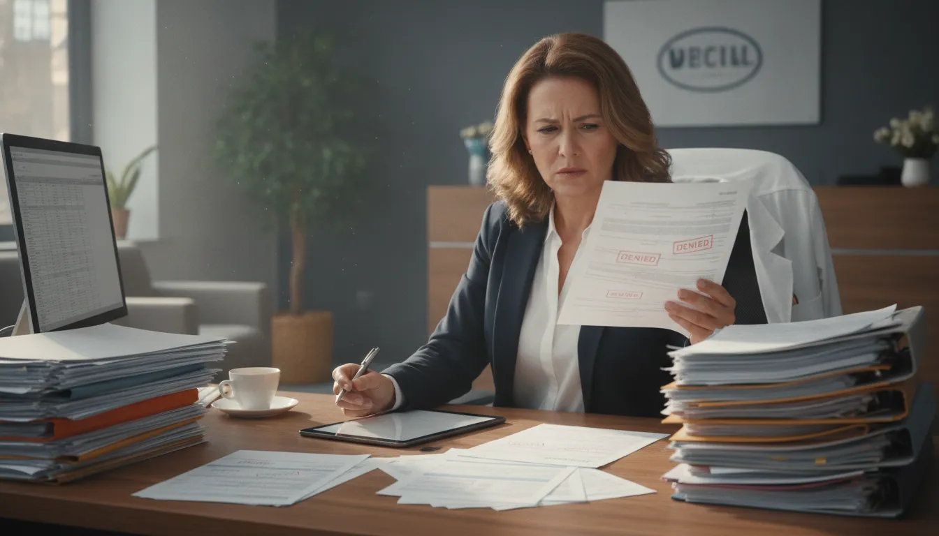 Medical practice owner reviewing denied insurance claims at a desk