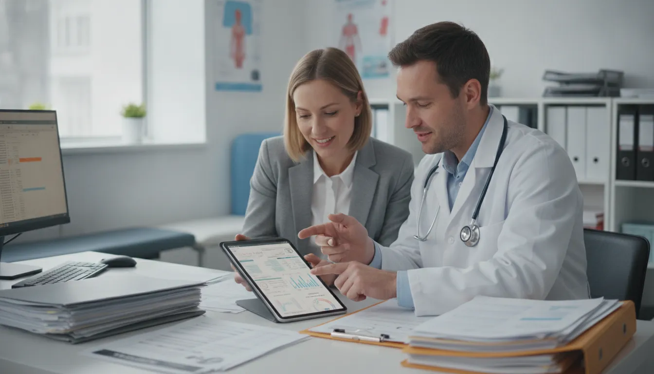 Doctor and billing staff reviewing patient records and billing data together on a tablet in a clinic setting