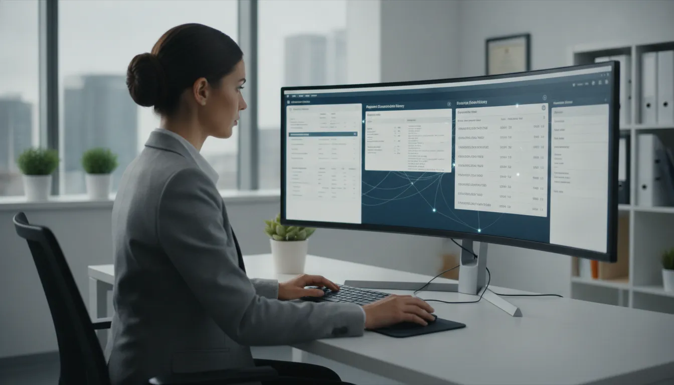Medical billing professional reviewing an integrated EHR dashboard showing patient records and billing data connected in real time