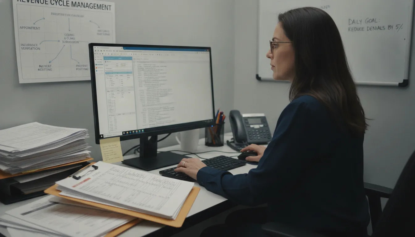 Medical billing specialist working with revenue cycle management software