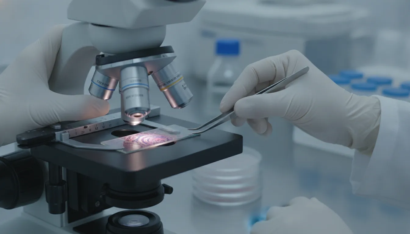 Lab technician using microscope for pathology diagnosis in sterile clinical environment