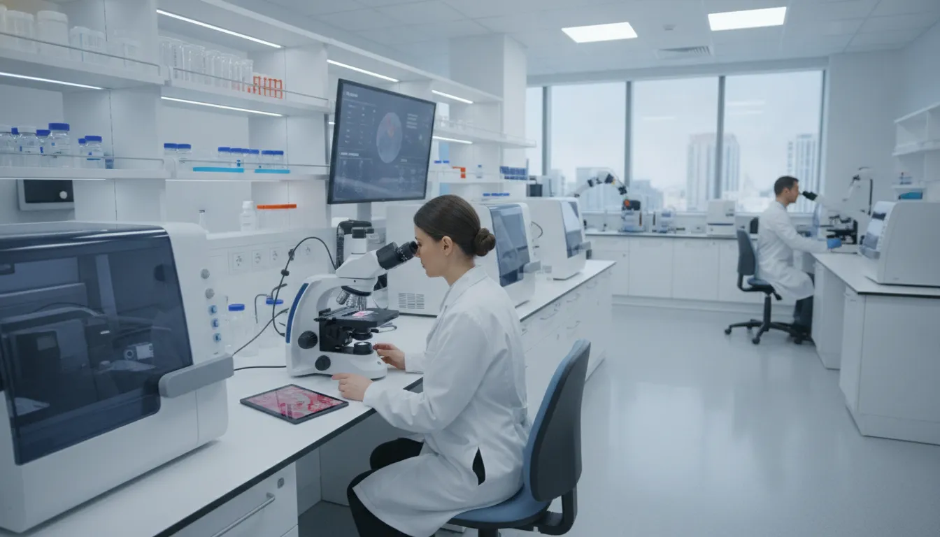Pathologist examining biopsy tissue under microscope in modern medical laboratory