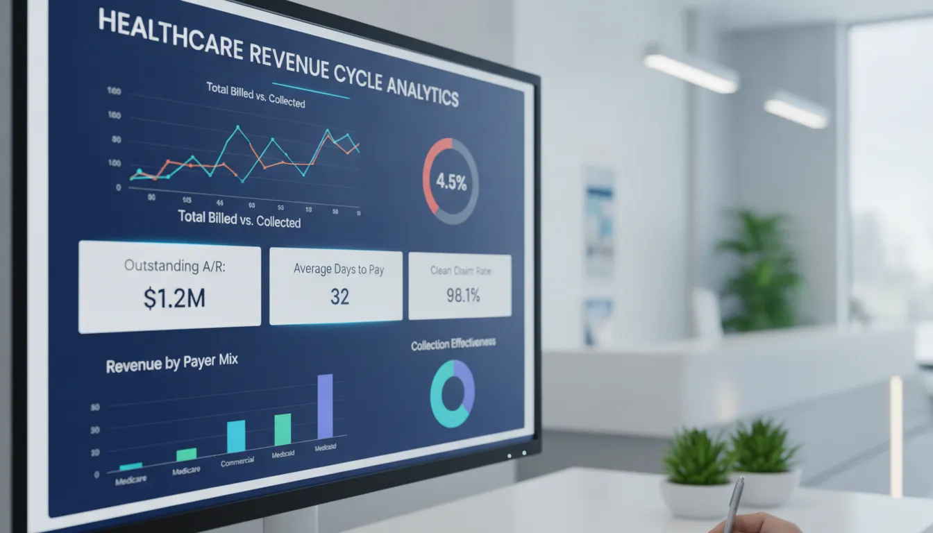 Revenue cycle management dashboard showing billing analytics and practice financial metrics on a computer screen
