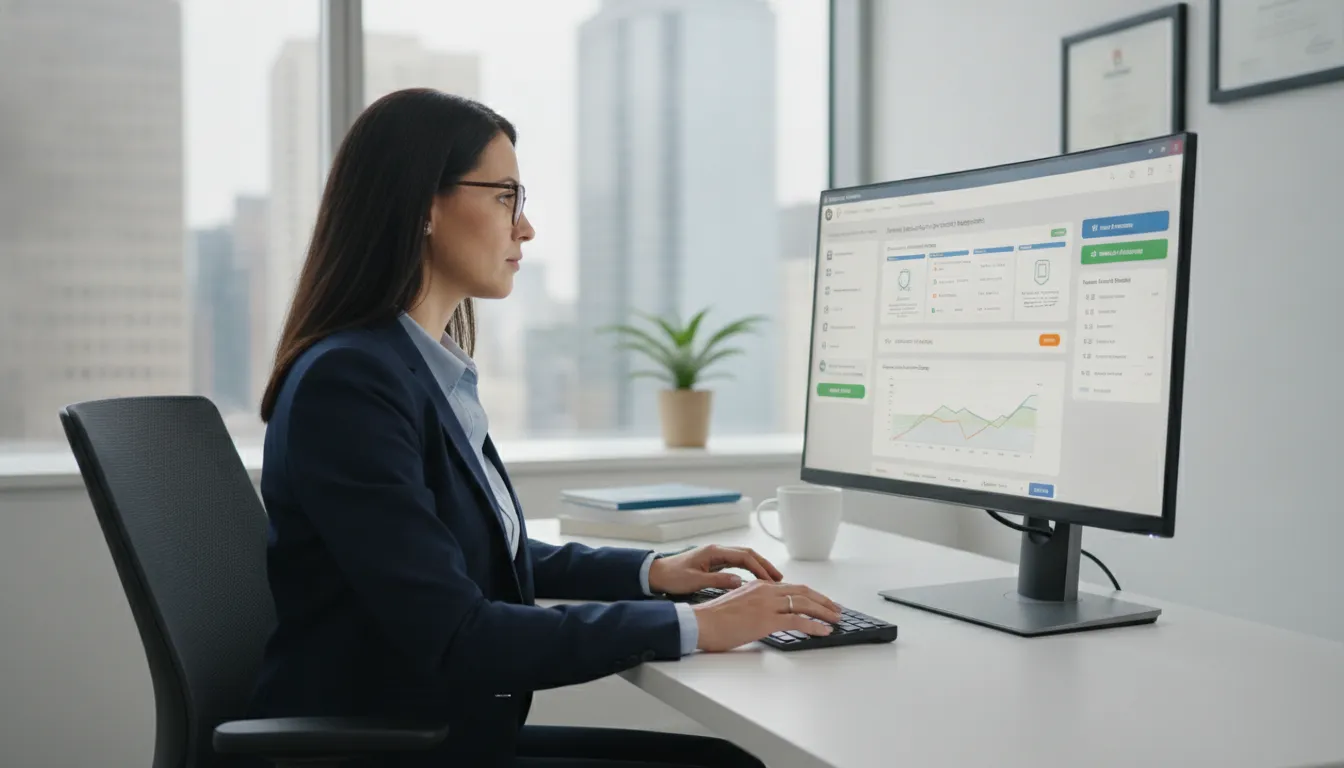 Professional U.S.-based medical billing specialist analyzing accounts receivable on a computer screen