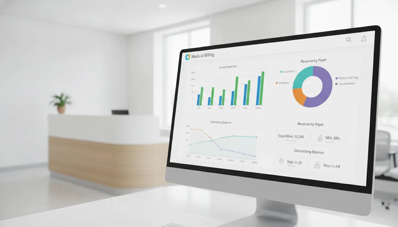 AMS Solutions revenue dashboard showing medical billing and collection analytics
