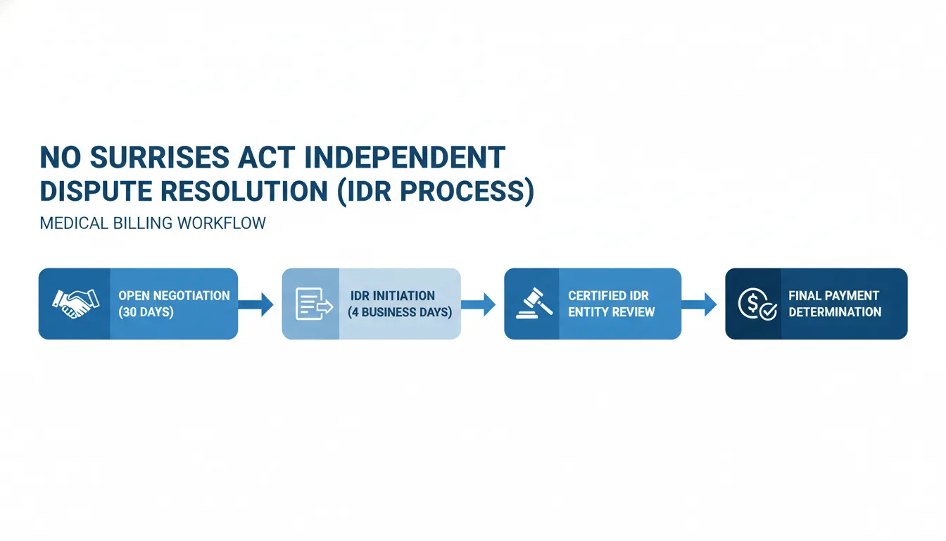 No Surprises Act Independent Dispute Resolution (IDR) process workflow diagram showing 4 steps: Open Negotiation, IDR Initiation, Certified IDR Entity Review, and Final Payment Determination