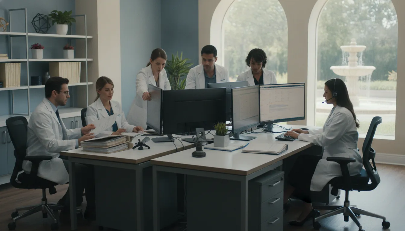 Ophthalmology billing team reviewing medical and surgical claims