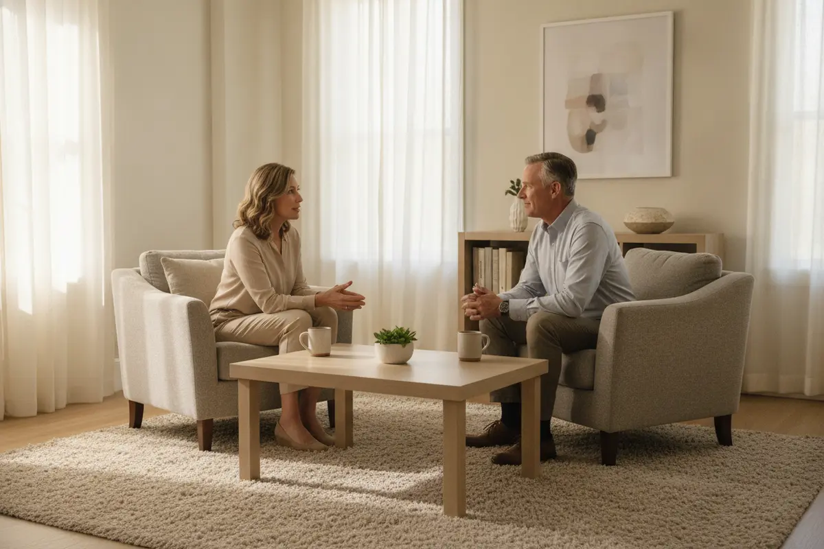 Adult client speaking with a counselor during an outpatient recovery session