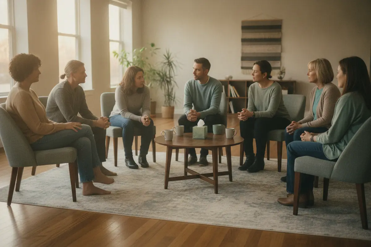 Adults listening in a supportive peer recovery meeting