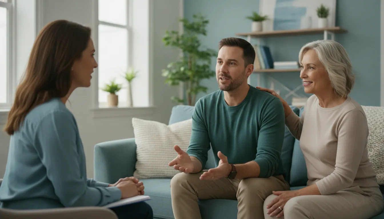 Adult and family member speaking with a therapist about drinking concerns